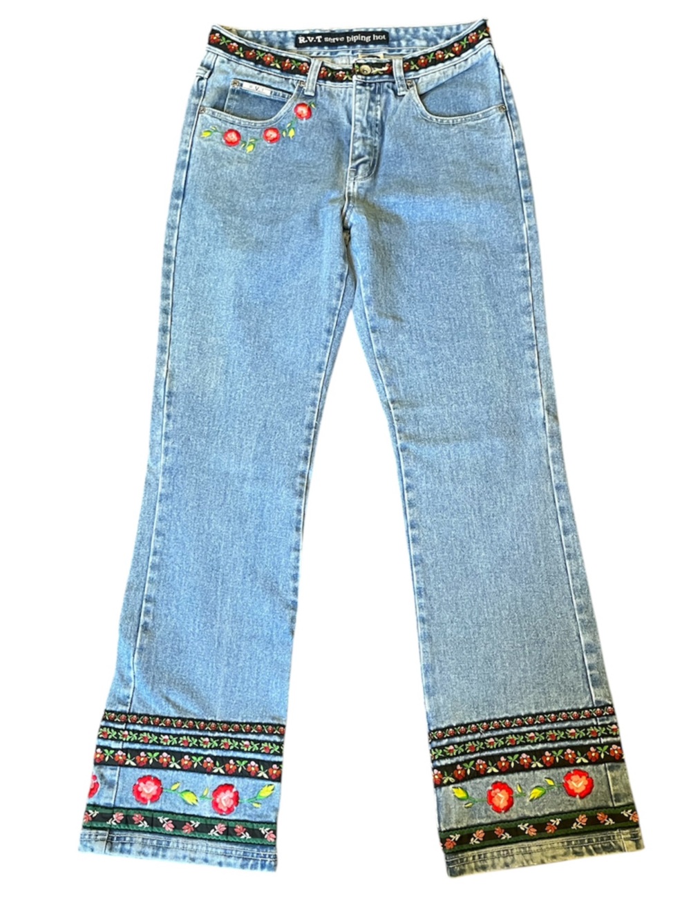 Vintage R.V.T. Jeans Embroidered Flare Floral 90s Y2K Size 9/10 Waist 29